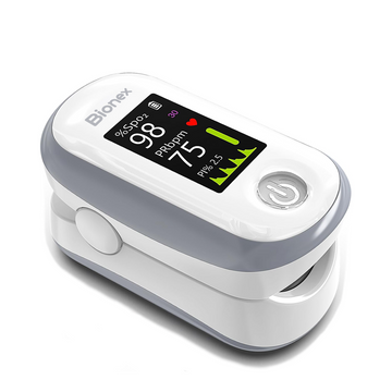 Bionex Pulse Oximeter with 4-Color OLED Display – Fingertip Oxygen & SpO2 Monitor, 20-Reading Memory, Adjustable Alarm & Brightness, Includes Batteries & Lanyard (White)