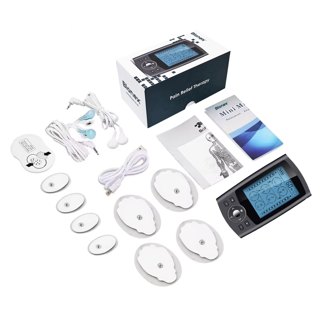 Bionex Dual Channel TENS & EMS Unit with 24 Modes for Pain Relief and Muscle Stimulation, Electronic Pulse Massager with 6 electrodes.