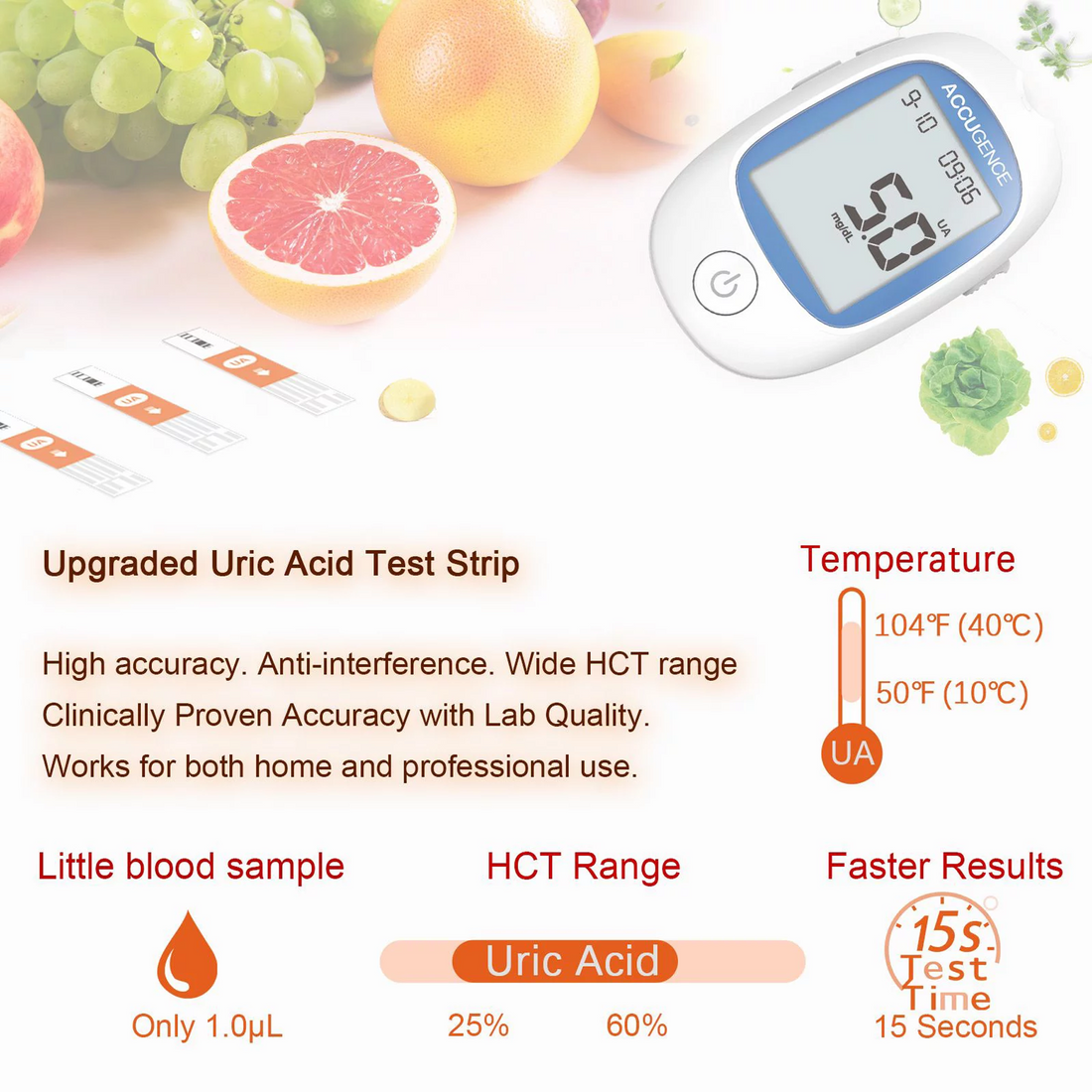 Accugence - Blood Uric Acid Meter Starter Kit with 25 x Uric Acid Strips