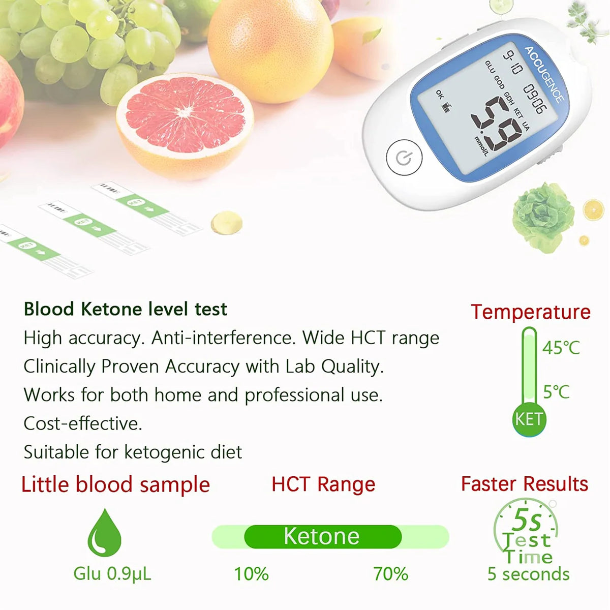 Accugence Blood Ketone Meter – Long-Use Kit | 60 Ketone Test Strips