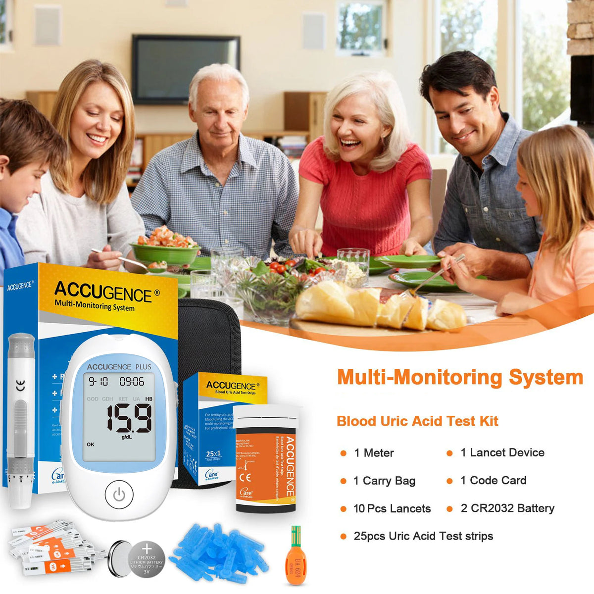 Accugence Uric Acid – Long Kit | Blood Uric Acid Meter + 50 Test Strips
