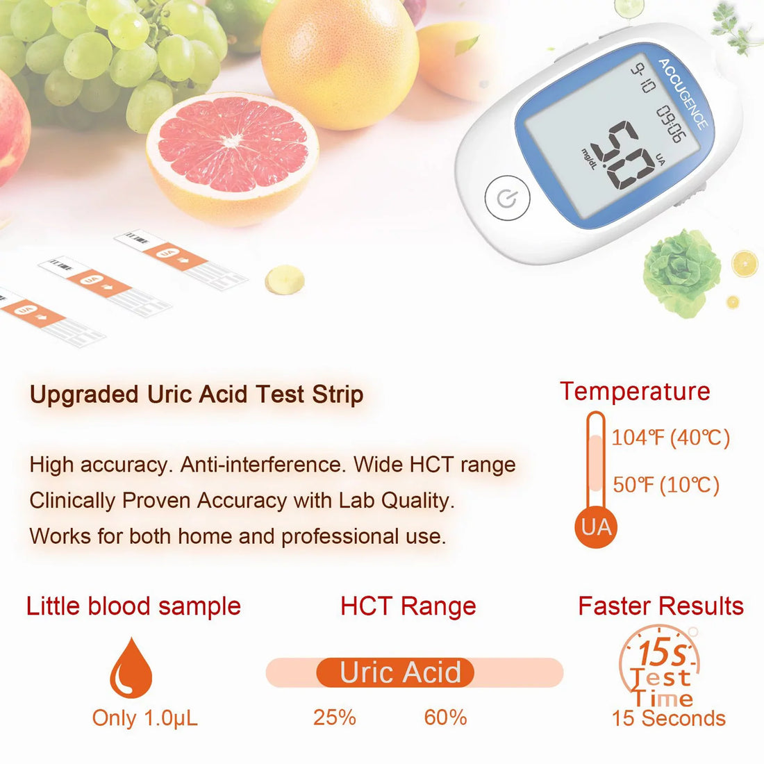 Accugence Uric Acid – Long Kit | Blood Uric Acid Meter + 50 Test Strips