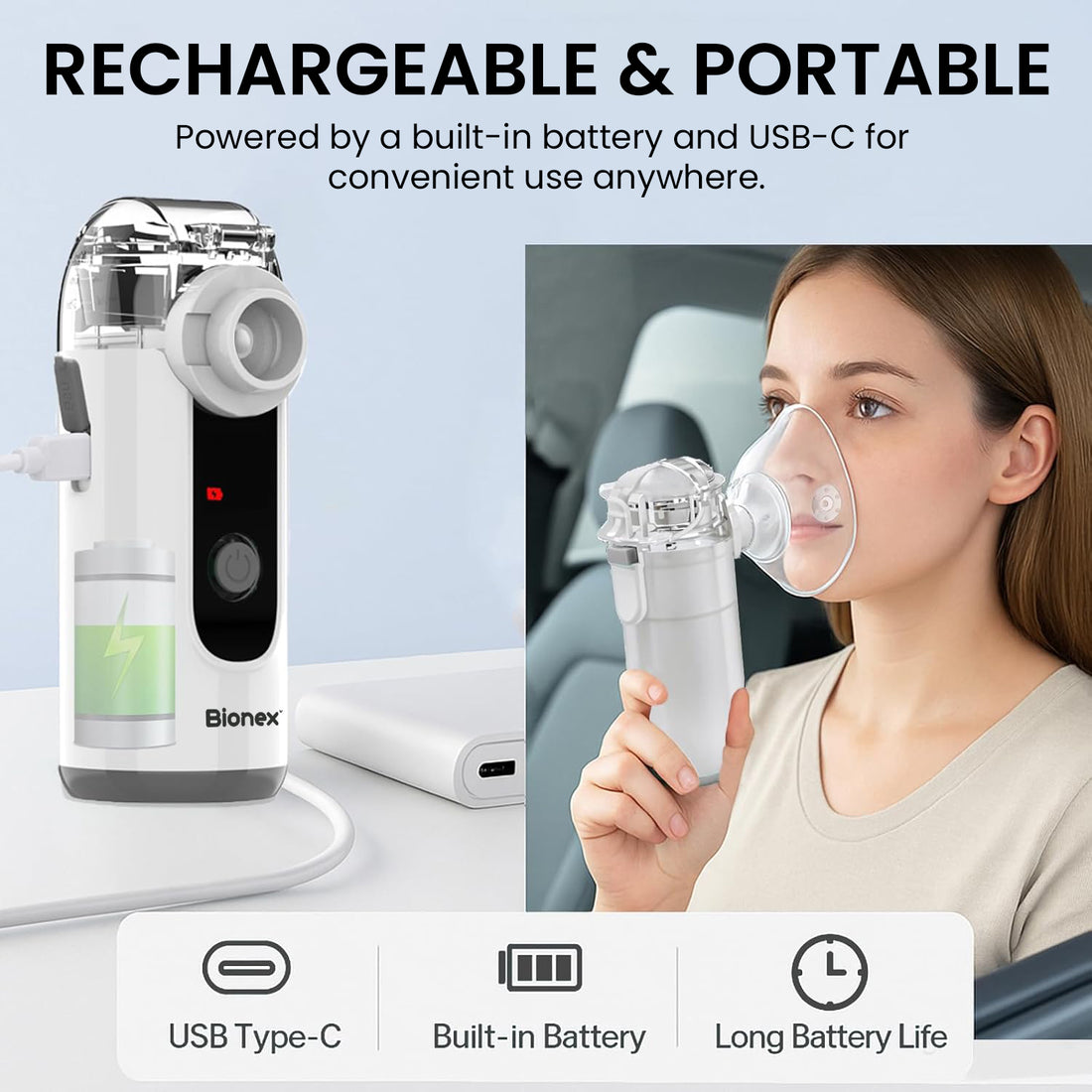 Bionex Portable Nebuliser with LCD Screen | Rechargeable Mesh Technology for Efficient Relief