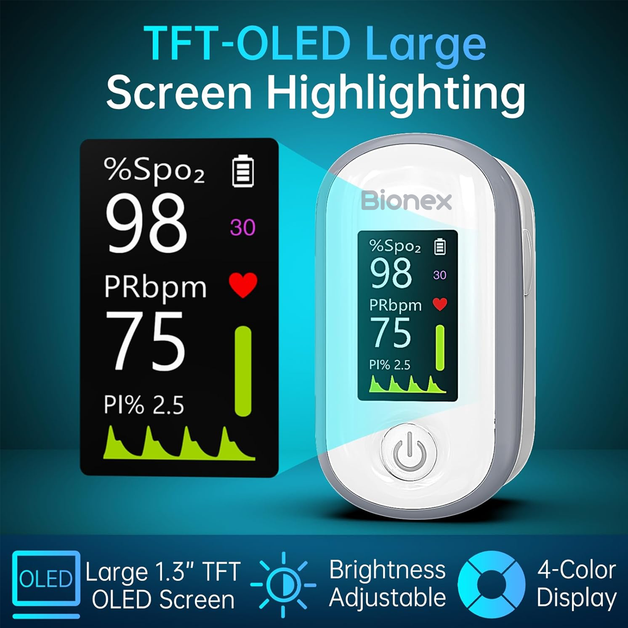 Bionex Pulse Oximeter with 4-Color OLED Display – Fingertip Oxygen & SpO2 Monitor, 20-Reading Memory, Adjustable Alarm & Brightness, Includes Batteries & Lanyard (White)