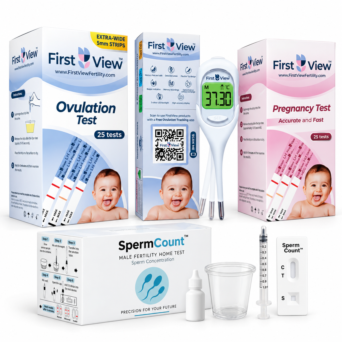 Couples Fertility Tracking & Screening Kit – 50 Test Strips, Basal Thermometer & Sperm Concentration Test