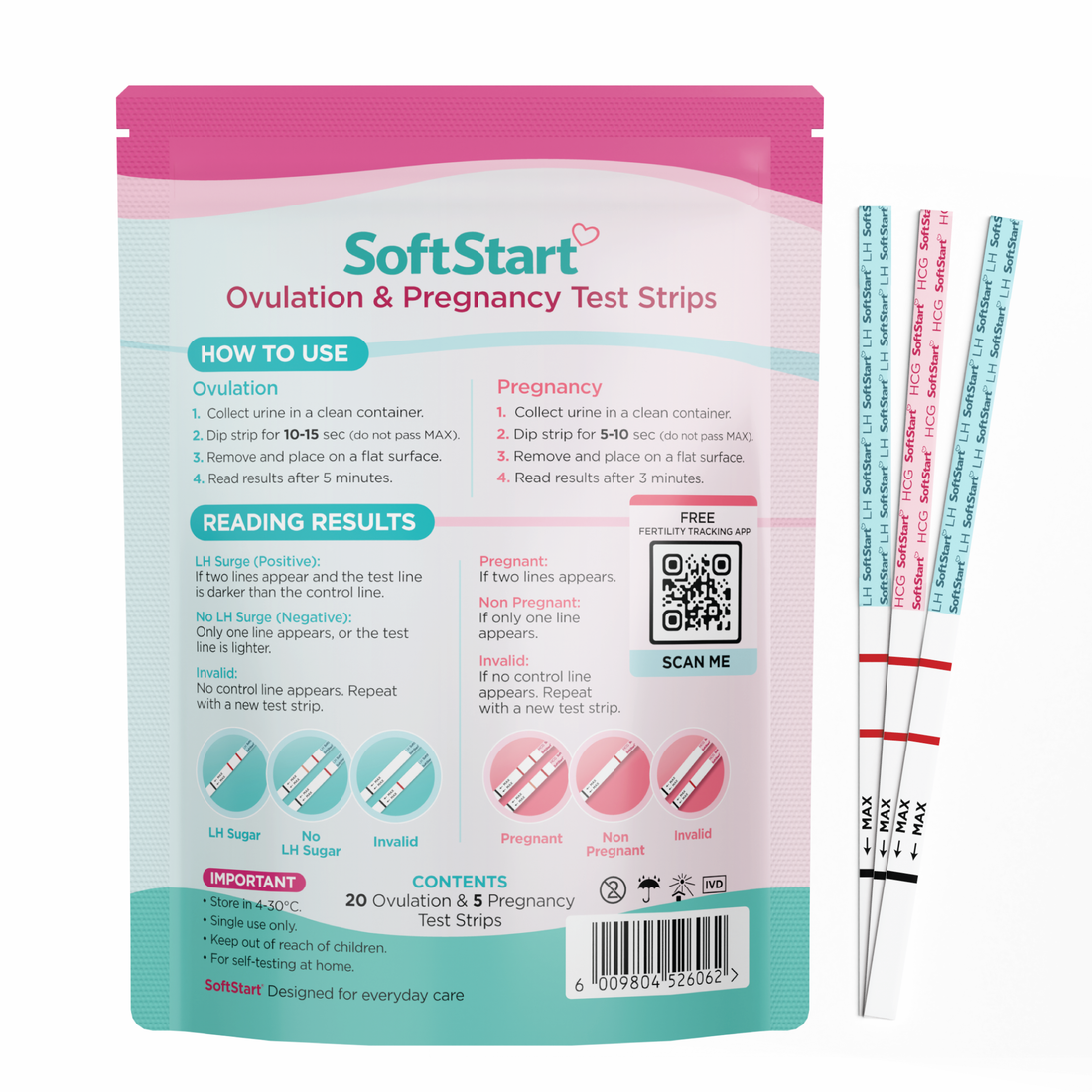 SoftStart - 20 Ovulation Strips & 5 Pregnancy Test Strips combo kit